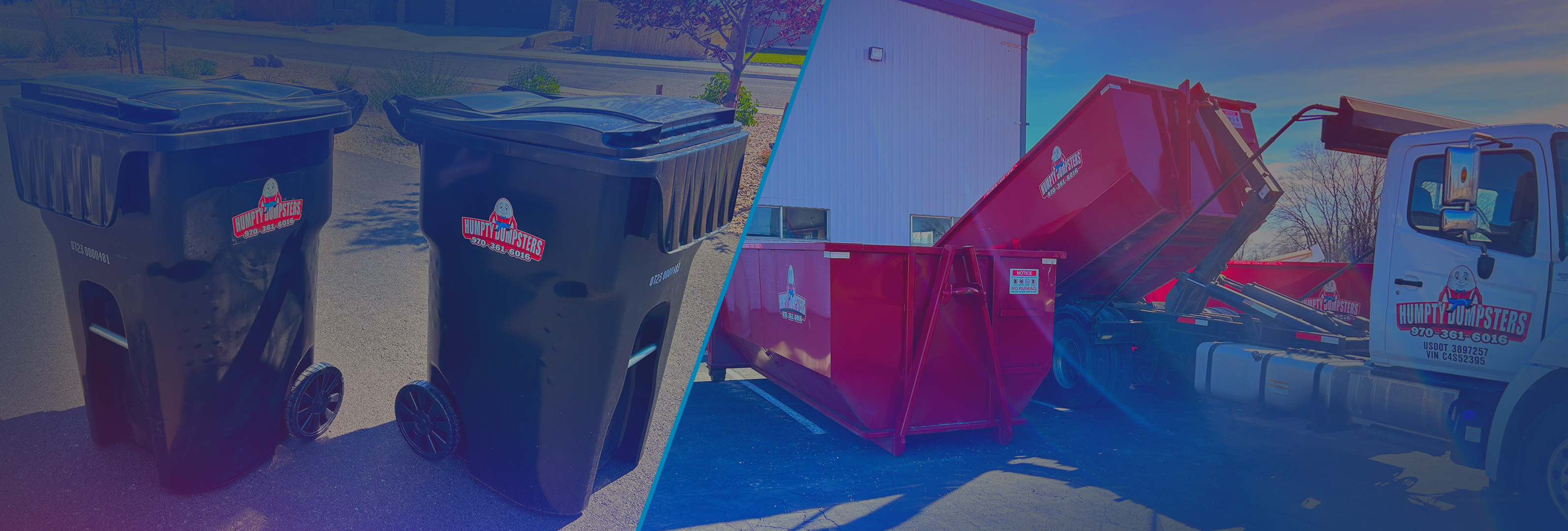 Images of residential garbage cans and commercial roll off dumpsters